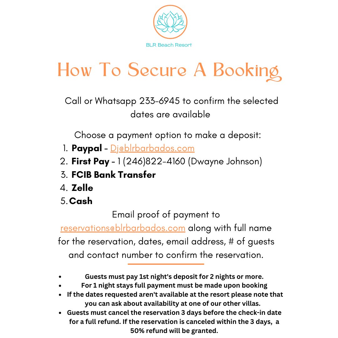 Book with ease and enjoy your stay at BLR Beach Resort. With numerous and secure payment options to fit you!! Why wait? Follow the simple steps to secure your booking with us. 
#BLRBeachResort #Barbados #BookingMadeEasy