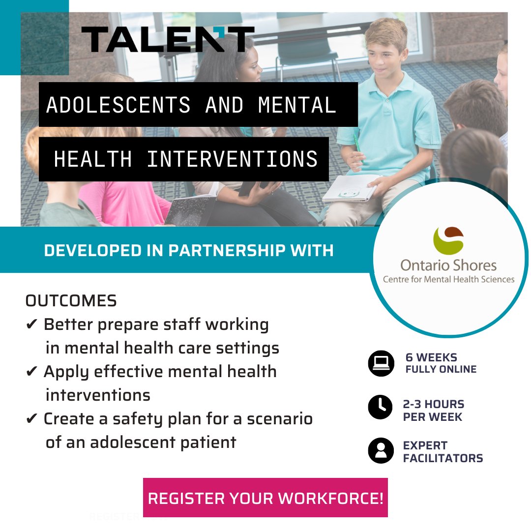 Register now for our upcoming micro 'Adolescents and Mental Health Interventions!' Our micro enhances your organizations knowledge and skills in providing effective mental health interventions to adolescent patients/clients.

Click the link to enroll: ontariotechtalent.ca/course/adolesc…