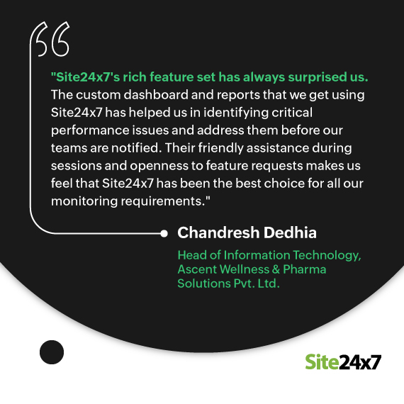 Site24x7's tweet image. Get the best out of your monitoring with #Site24x7! Chandresh from Ascent Wellness & Pharma Solutions shares how the custom dashboard and reports helped his team stay on top of critical performance issues.
Try now for free: site24x7.com/signup.html
#PerformanceMonitoring