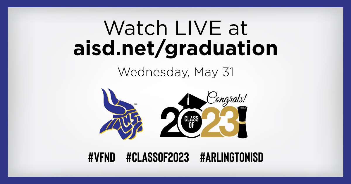 Tune in and cheer on the @LamarHigh class of 2023 as students walk the stage to collect their diplomas. The Vikings’ graduation ceremony on May 31 at 8 p.m. will be live streamed from @GlobeLifeField at: aisd.net/graduation. #VFND #ClassOf2023 #ArlingtonISD