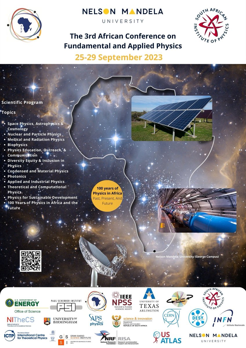 The 3rd African Conference of Fundamental and Applied Physics, #ACP2023, will be a hybrid  event, organized jointly by Nelson Mandela University at George Campus (<a href="/MandelaUniGC/">MandelaUni George</a>) in George, South Africa, on September 25-29, 2023 

indico.cern.ch/event/1229551/