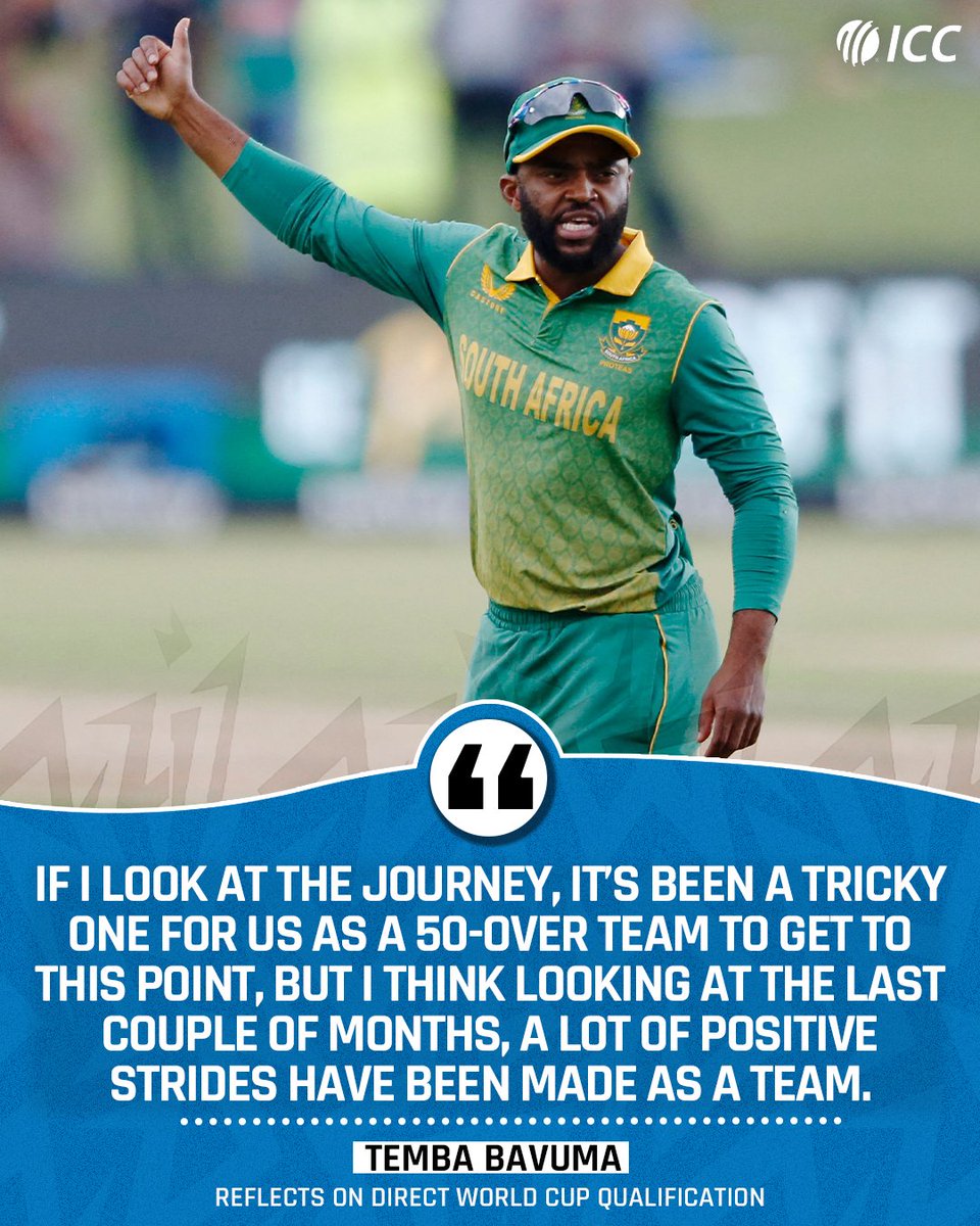 ICC's tweet photo. South Africa became the last team in #CWCSL to gain direct qualification into the @cricketworldcup 👏
Skipper Temba Bavuma reflects 👉 https://t.co/ycjLafyj7K https://t.co/X2H3OcvewW