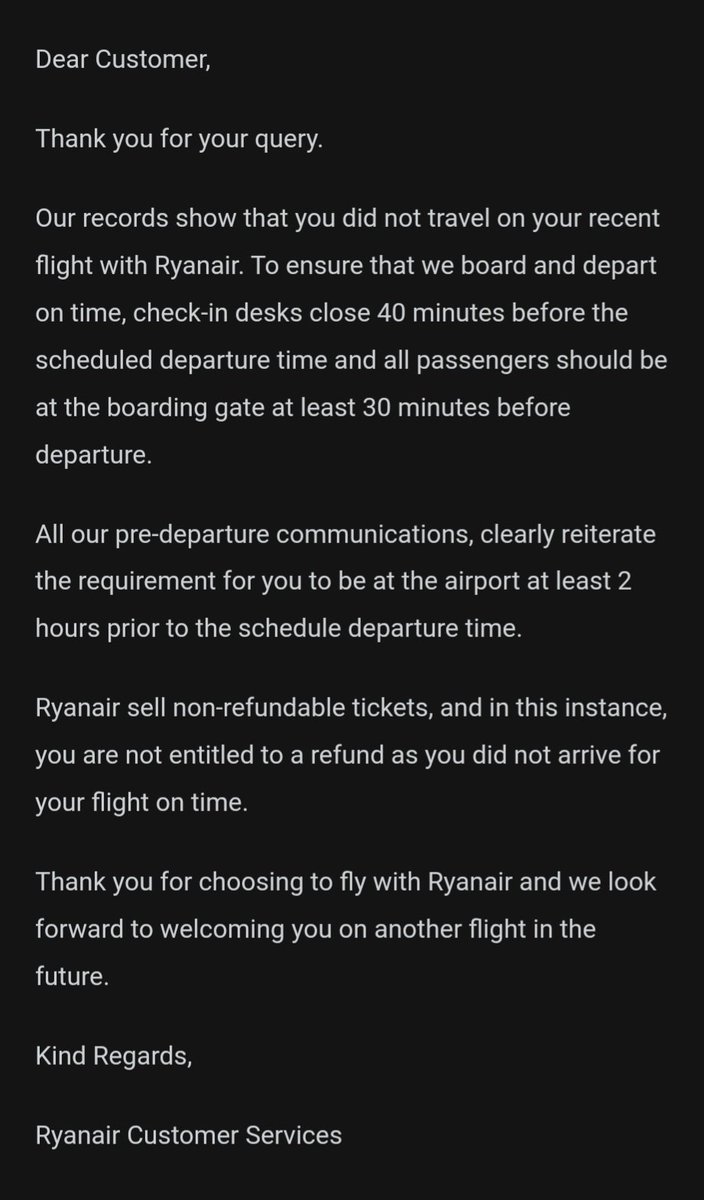 Amanda20125308's tweet photo. Come on @Ryanair you've completely glossed over what the complaint was! And I can assure you, I did take the flight! https://t.co/gG1fkmJ1Wb