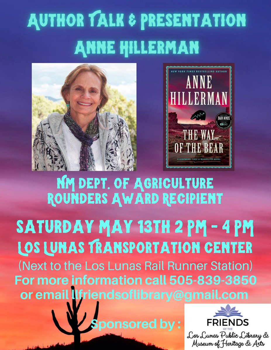 Come meet &amp; hear from Anne Hillerman this Saturday at the Transportation Center in #loslunas from 2-4pm! 📖📚