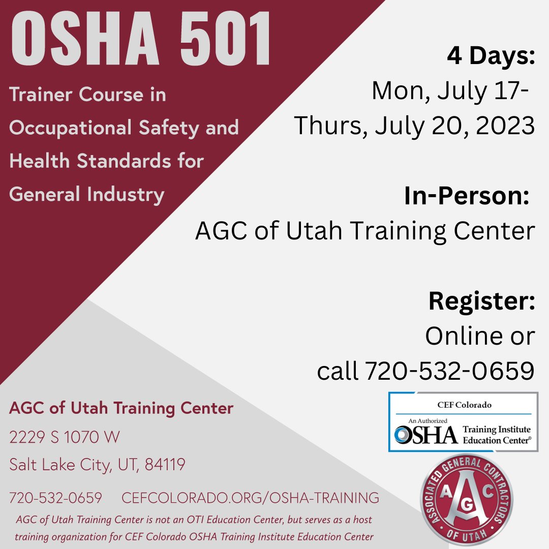 CefColorado's tweet photo. Calling all General Industry peeps! Join CEF for this In-Person Class in Utah! Visit https://t.co/VbGlzm0yRJ or call 720-532-0659 #cefcolorado #cefotiec #crazyforsafety @AGCofUtah https://t.co/xYrtdWVFG1