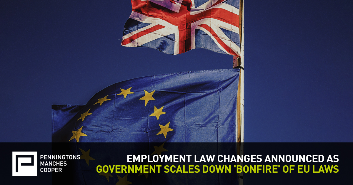Penningtonslaw's tweet image. To coincide with the news that the ‘bonfire’ of EU laws is to be scaled down, the government has published a policy paper which it says will both cut red tape and safeguard workers' rights. Our head of employment reviews the key proposals: tinyurl.com/yn4989z6  #ukemplaw