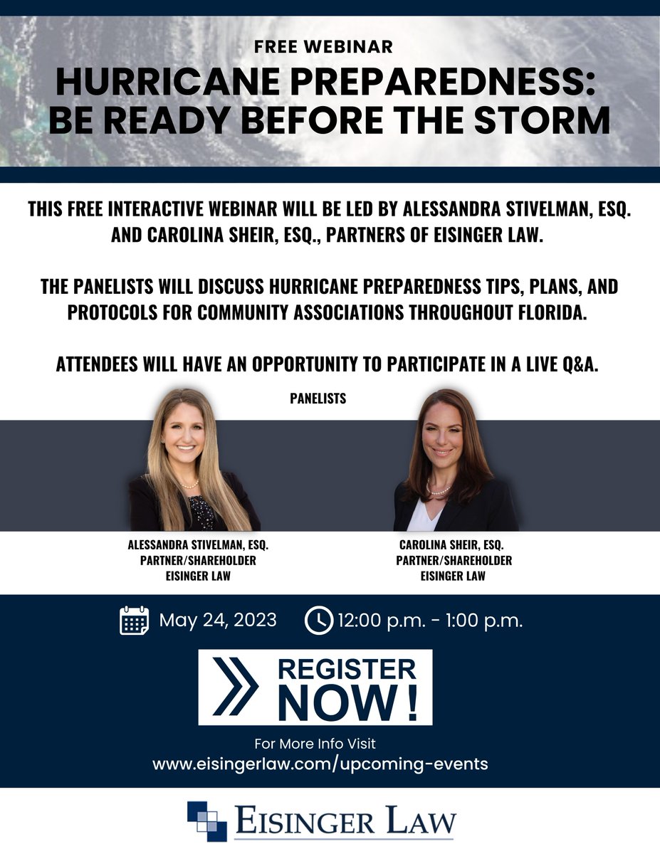 🚨Attention Florida Community Associations🚨

Join us for a FREE interactive webinar discussing essential hurricane preparedness tips, plans, and protocols that every community association should know.

Register here: us02web.zoom.us/webinar/regist…