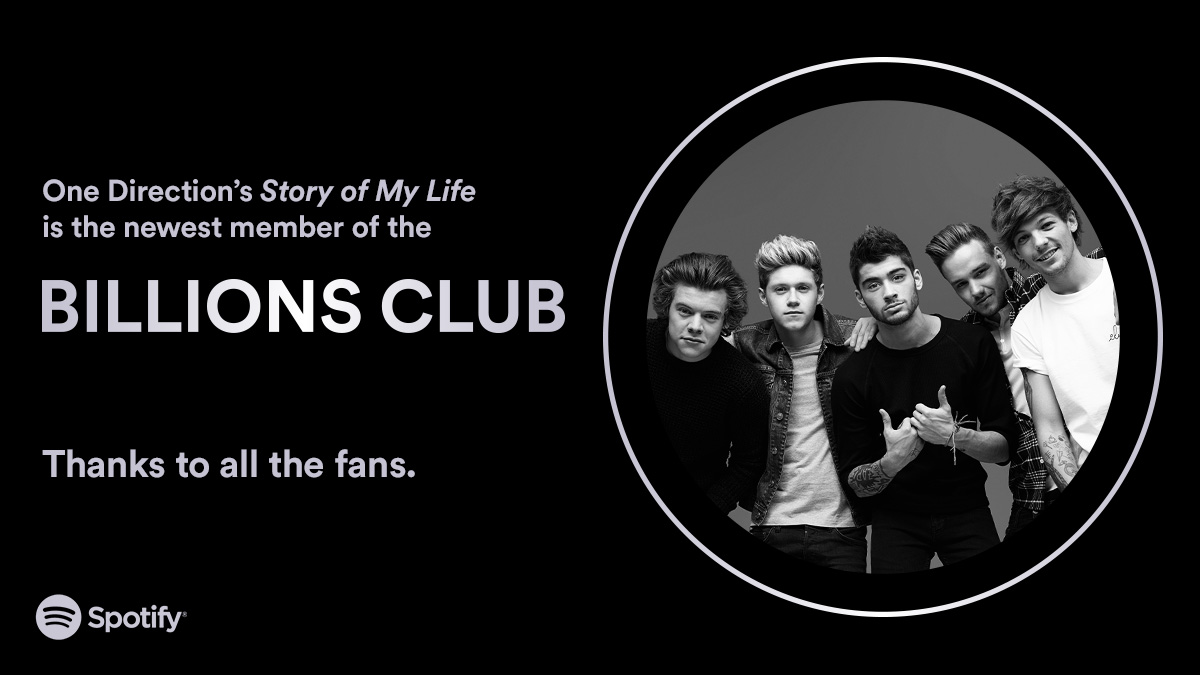 Spotify's tweet photo. Every story has a happy ending. Happy 1 Billion to @OneDirection's Story Of My Life ⭐️ #BillionsClub https://t.co/cCJhsFi4V1 https://t.co/R8PMEctCV2