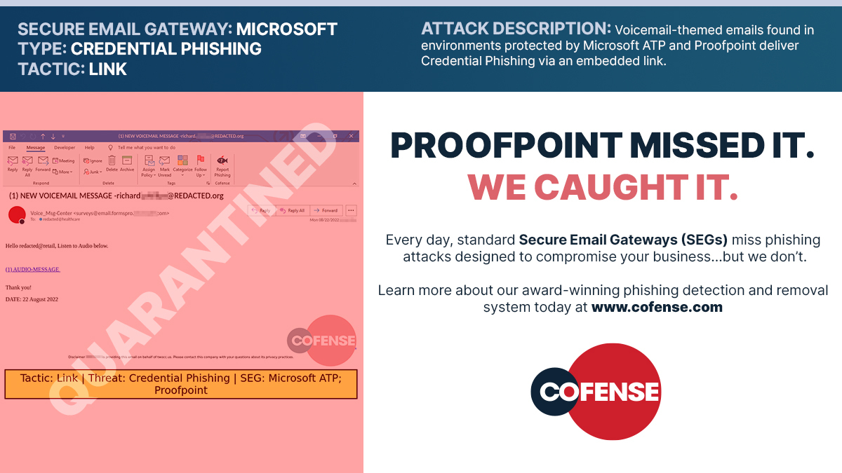 Cofense's tweet image. Both #Microsoft and #Proofpoint missed this voicemail-themed email that delivered credential #Phishing via an embedded link. 

Every week our Phishing Detection Center (PDC) finds #Phish in environments protected by #SEGs; see more examples below ⬇️ 
bit.ly/3MIuS48