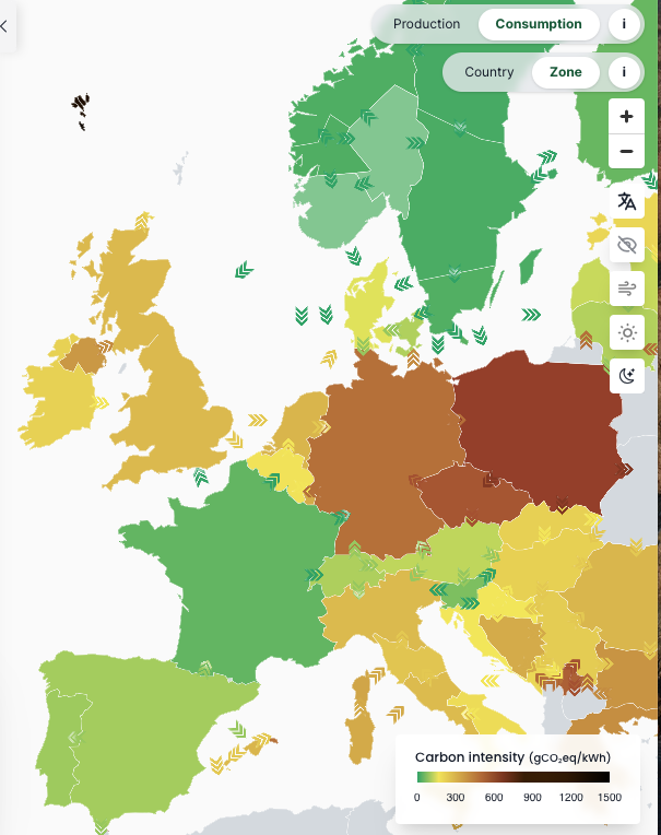 Carbon intensity of each country in Europe. Scandinavia is smashing it and exporting to us.