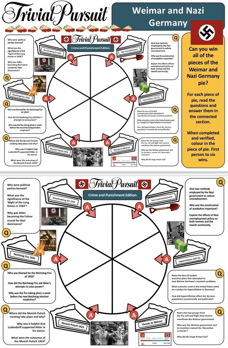 Old but gold. The Trivial Pursuit pie is great for low stakes retrieval or independent work through the questions. It’s light relief but rigorous for Y11. #historyteacher
The link below provides:
. Cold War 🧊
. Elizabeth I 🌹
. Germany 🇩🇪 
. C + P 👮🏻‍♂️
docs.google.com/file/d/16qSt56…