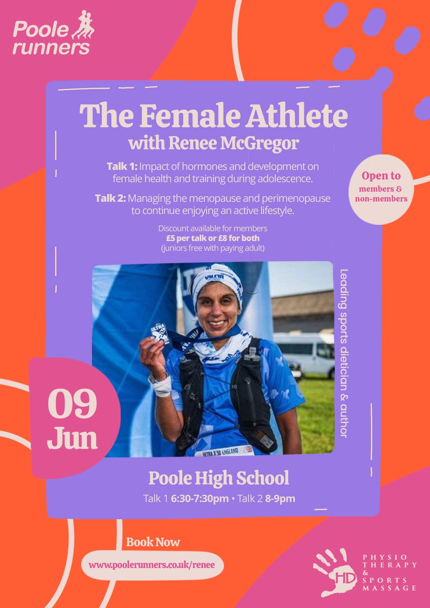 Book now! The Female Athlete with Renee McGregor. @mcgregor_renee Open to members & non-members. 🗓 Friday 9th June. 📍 Poole High School. 🎟 Tickets & full details via: poolerunningevents.co.uk/events/renee-m…