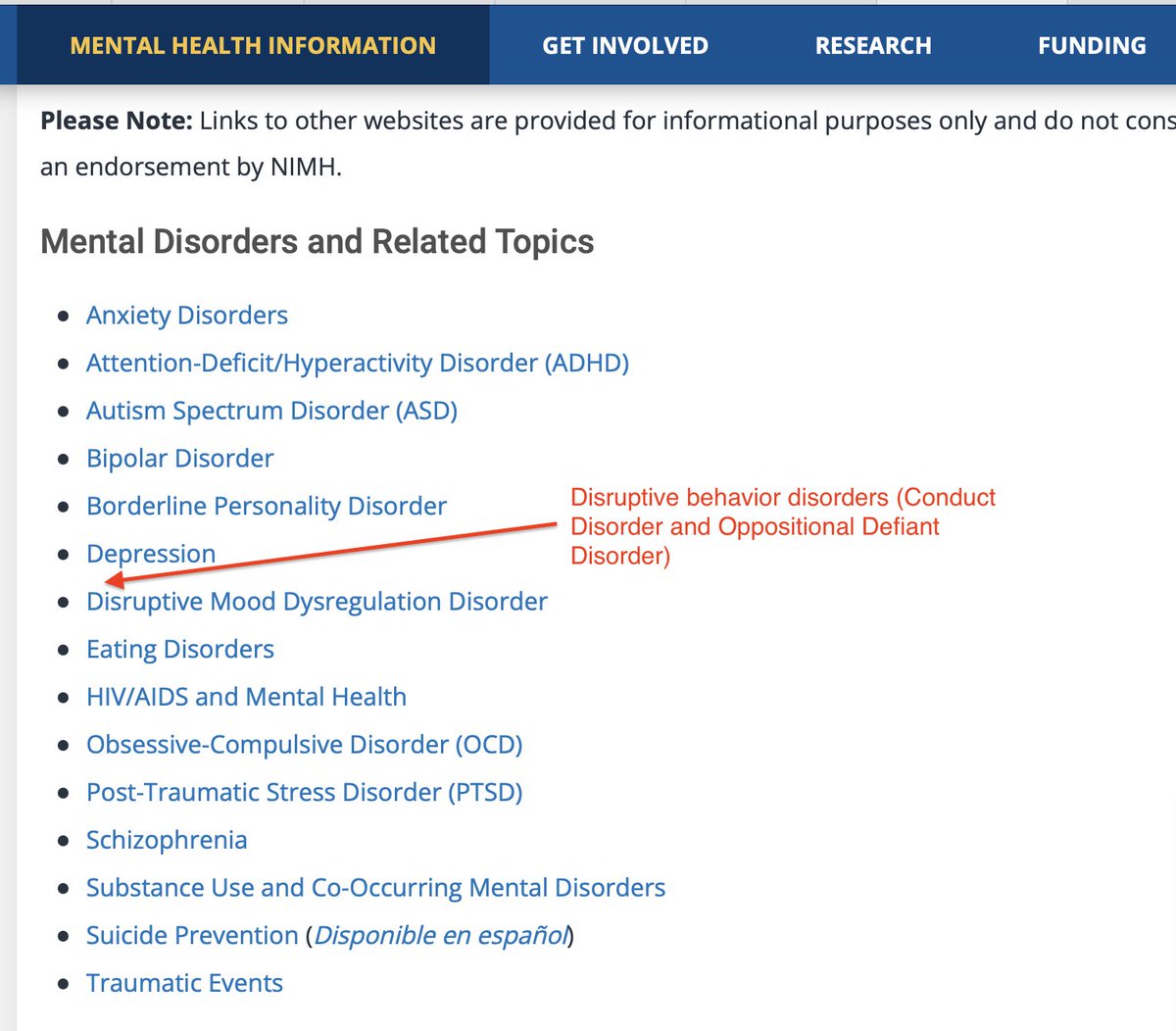 Abigail Marsh (@aa_marsh) on Twitter photo Missing from the <a href="/NIMHgov/">National Institute of Mental Health (NIMH)</a> site are 2 disorders that account for the *most* pediatric referrals to mental health care in the US: #ConductDisorder and #OppositionalDefiantDisorder. I look forward to the day families can go to <a href="/NIMHgov/">National Institute of Mental Health (NIMH)</a> for info about them!
nimh.nih.gov/health/topics Missing from the <a href="/NIMHgov/">National Institute of Mental Health (NIMH)</a> site are 2 disorders that account for the *most* pediatric referrals to mental health care in the US: #ConductDisorder and #OppositionalDefiantDisorder. I look forward to the day families can go to <a href="/NIMHgov/">National Institute of Mental Health (NIMH)</a> for info about them!
nimh.nih.gov/health/topics