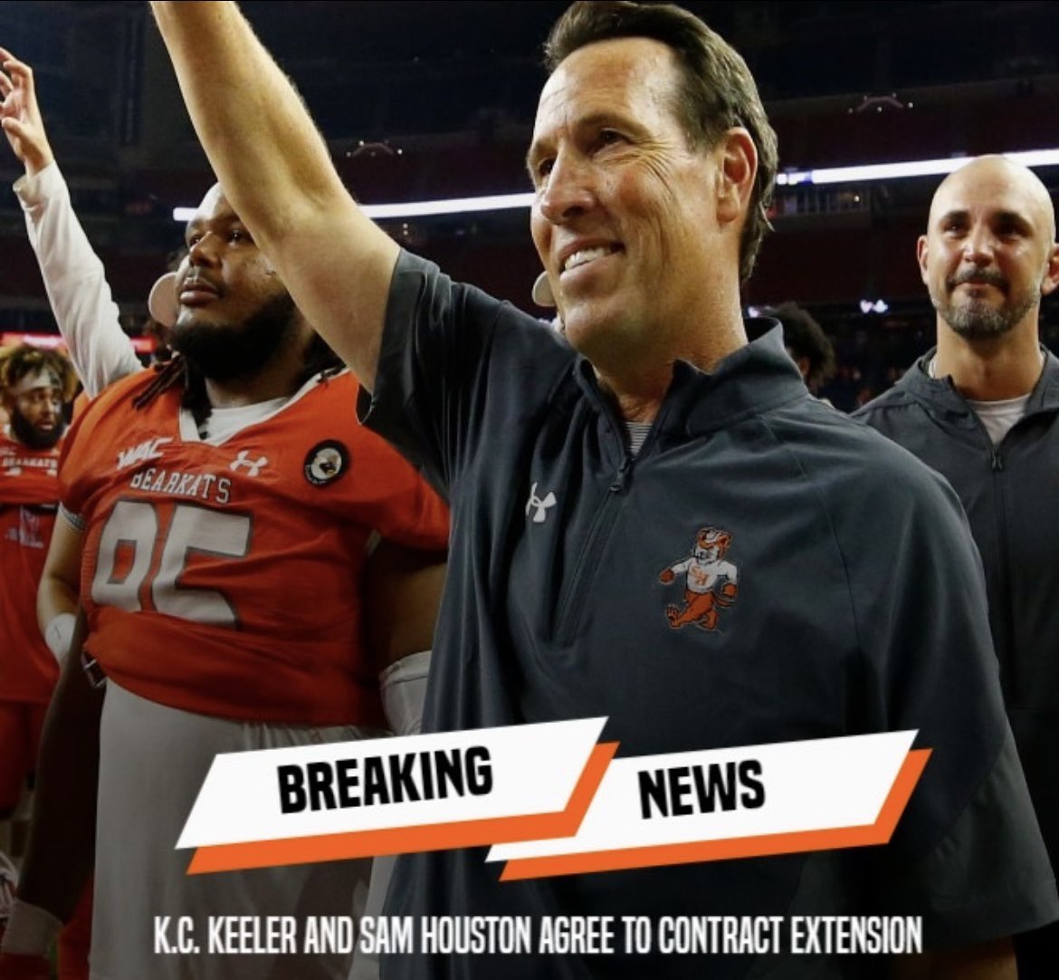 SportsofSHSU's tweet photo. BREAKING: K.C. Keeler and Sam Houston have agreed to a 4 year extension through June 30th, 2027. 

According to the contract the value is to not exceed 3.25 million. 

Contract is pending TSUS board approval. https://t.co/VRie605wbQ