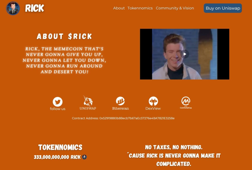 Gleison27bh's tweet photo. $RICK, THE MEMECOIN THAT'S NEVER GONNA GIVE YOU UP, NEVER GONNA LET YOU DOWN, NEVER GONNA RUN AROUND AND DESERT YOU! 🔥🕺🌐
✅Contract address: 0x52919880b88ecb7b67aEc57276e49A7821E3258e 
✅Liquidity locked!  

Website: https://t.co/8e19yntdDD
Twitter: @RickRollCrew https://t.co/Rpa7G8hWNZ