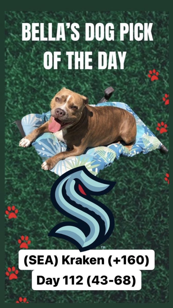 TheLocksOTD's tweet photo. 🐶BELLA'S DOG LOCK OTD🐶
‼️Overall Units +1185‼️
🔥BELLA IS ON FIRE🔥
🏒(SEA) Kraken ML (+160)
#NHL #Kraken #Seattle #Stars #Dallas #NHLPicks #Betting #Gambling #Dog #Dogs #DogBet #DogPick #GamblingTwitter #FreePicks #Free #FreeBets #Hockey #NHLPlayoffs https://t.co/NBPhlqKkqH
