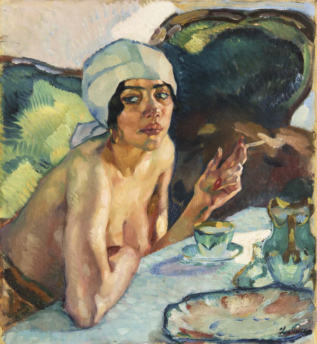 MenschOhneMusil's tweet photo. The danser Mara Aranaz smoking at the table  -   Leo Putz , 1922. https://t.co/BR7rzPbIoL