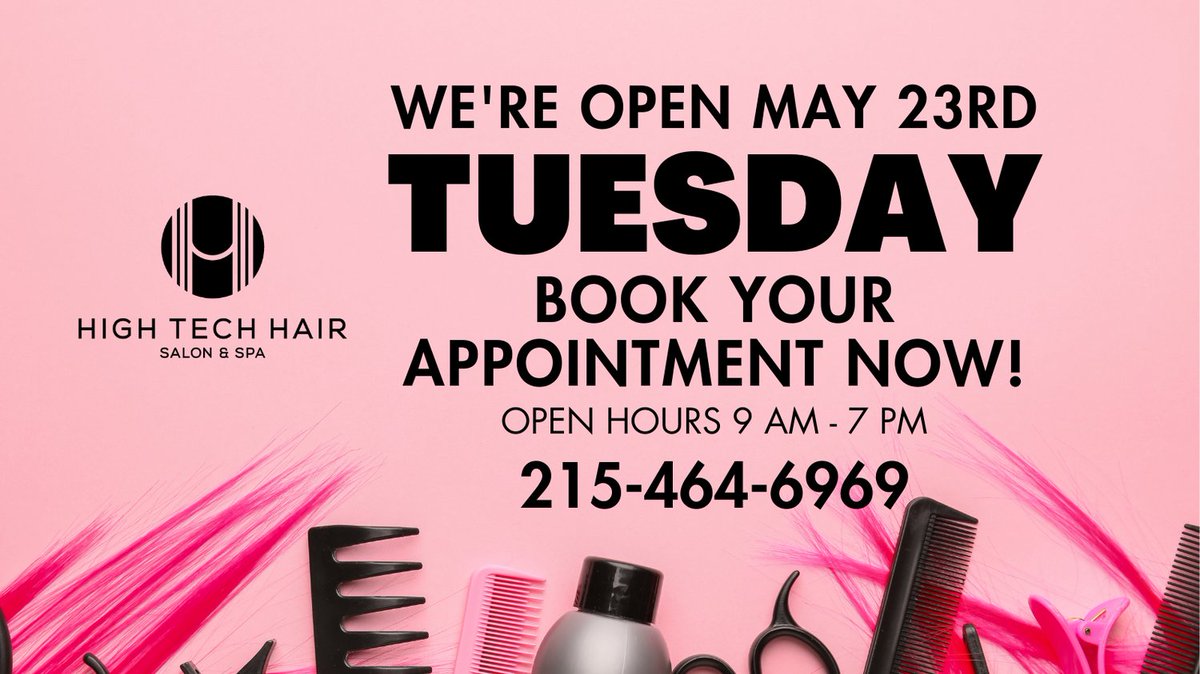 Schedule your appointment now. Our special hours will be on Tuesday, May 23rd, from 9:00 am to 7:00 pm. Get ready for Memorial Day weekend.
#BestHairStylistPhila #haircuts #HairColor #RedkinProducts #HighTechHairStudio #HairStraightening #HairExtensions #haircolorist