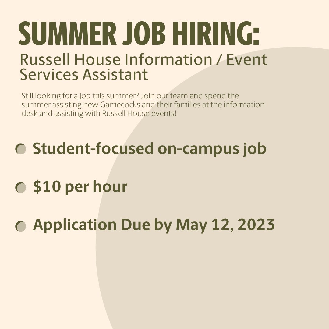 Still looking for a job this summer? Join our team and spend the summer assisting new Gamecocks and their families at the information desk and assisting with Russell House events! 

Apply on Handshake! 
app.joinhandshake.com/emp/jobs/78112…