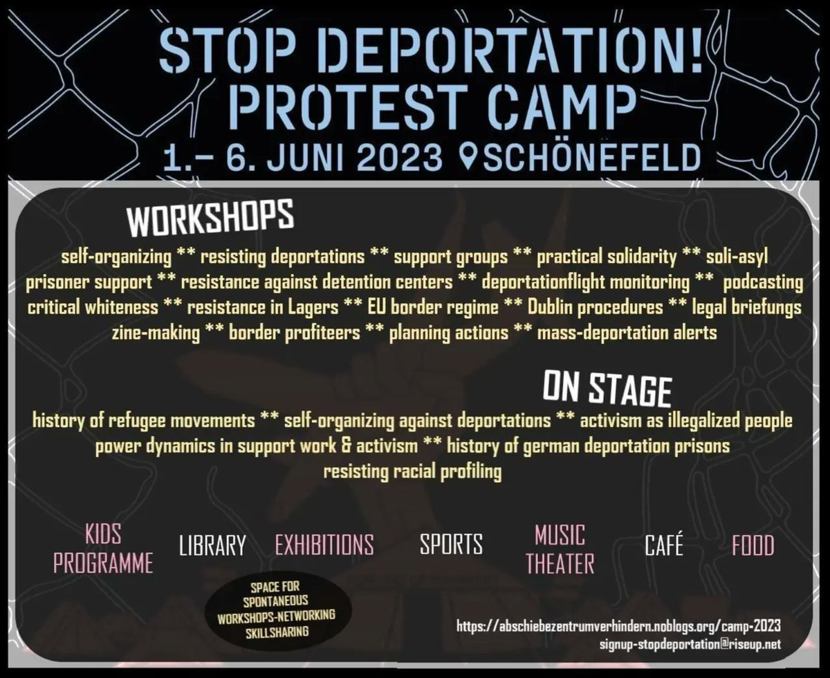 SPREAD THE WORD: Get your tents and sleeping bags ready! Only a few more weeks before the Stop Deportation! Protest Camp starts ✊
We expect around 500 people to sleep at the camp: