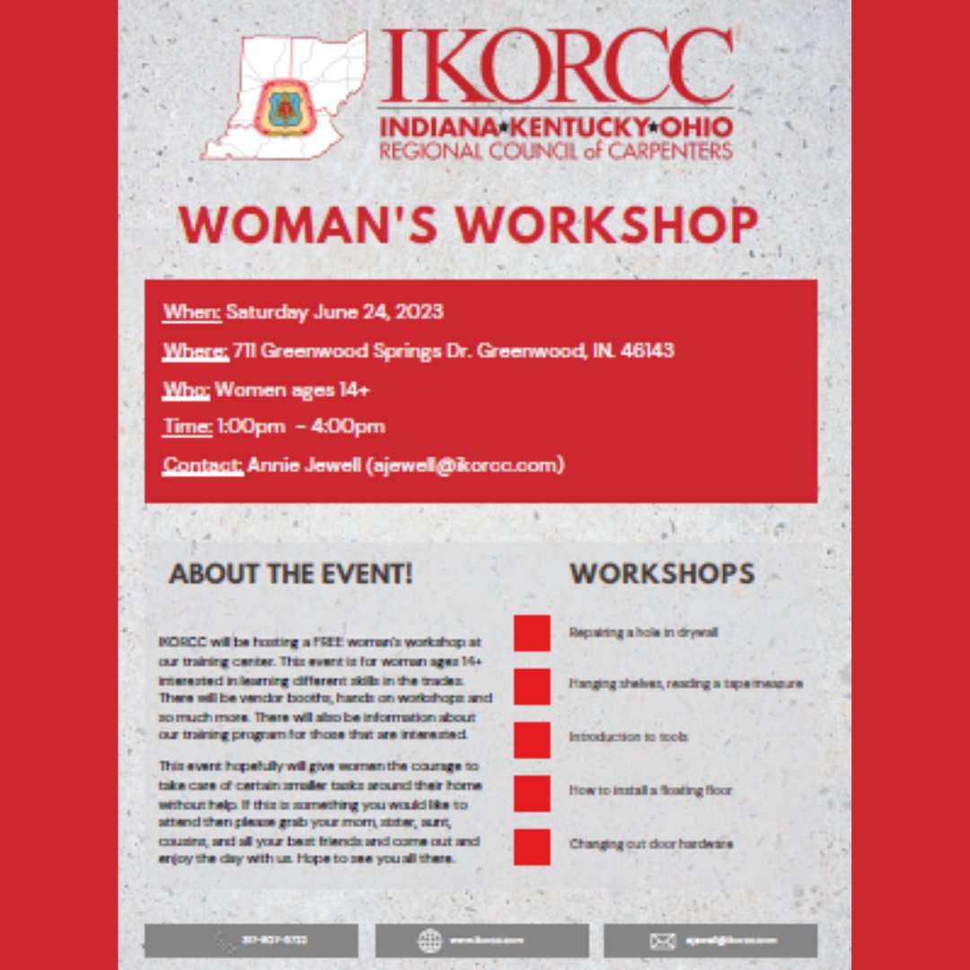 🤩WOMEN'S WORKSHOP - free opportunity to learn different skills in the trades such as repairing a hole in drywall, hanging shelves, reading a tape measure, introduction to tools, how to install a floating floor, and changing out door hardware. ikorcc.com