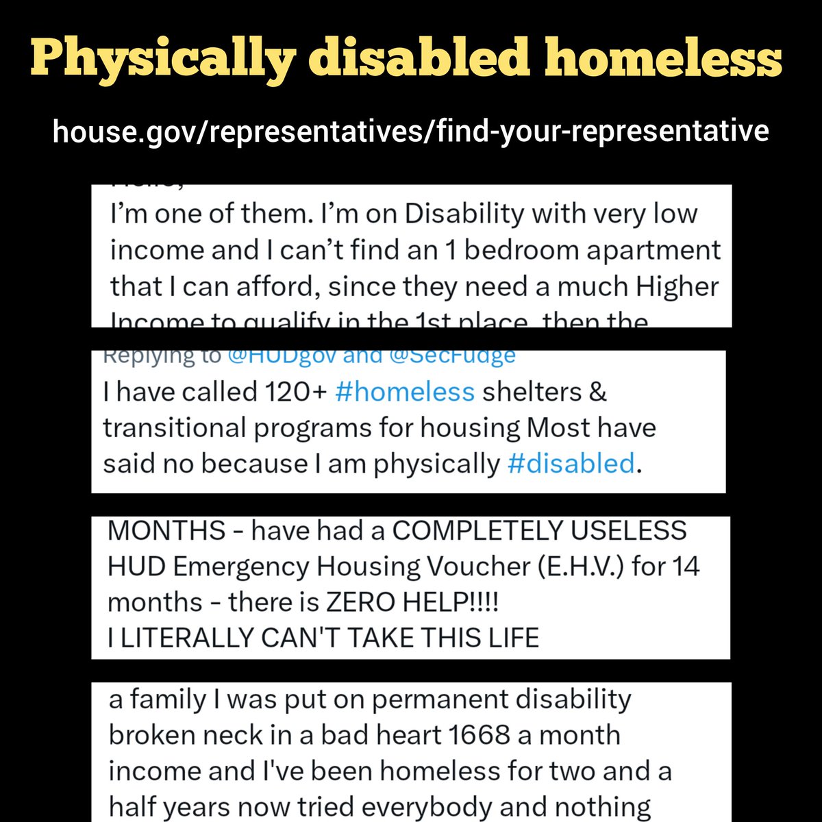 @DennisCShea_ @mayorsandceos @MayorGiles @MayorCassie @MayorShengThao @PhillyMayor @ToddGloria @BPC_Bipartisan In the US there is not one single program specifically for physically disabled or medically compromised homeless. We are literally left outside and a lot of us are dying on the sidewalks

The White House
whitehouse.gov/contact/

house.gov/representative…