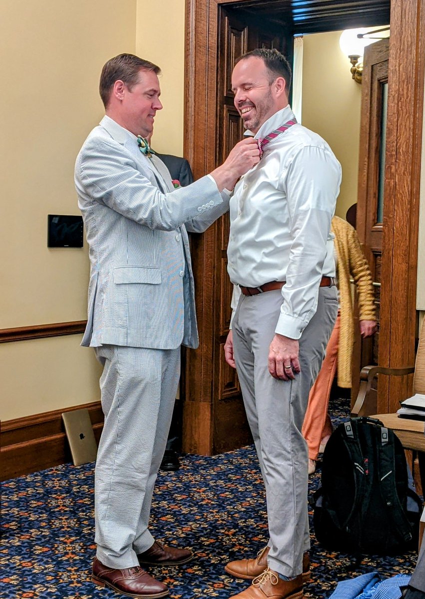 AthenaHollins's tweet photo. Lobbyists can be adorable too! Check out Kyle helping JR get his bow tie right! 😍
#mnleg https://t.co/fhSwhfpkmq