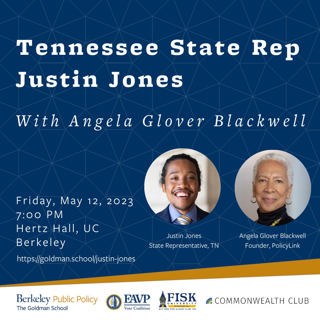 RT <a href="/GoldmanSchool/">Goldman School of Public Policy</a>: 🗓️Reminder: Join us Friday 5/12 as TN Rep Justin Jones speaks at <a href="/UCBerkeley/">UC Berkeley</a> in conversation w/<a href="/PolicyLink/">PolicyLink</a> founder Angela Glover Blackwell. 
Free, but reg required: goldman.school/justin-jones 
co-sponsored by <a href="/GoldmanSchool/">Goldman School of Public Policy</a> <a href="/cwclub/">Commonwealth Club World Affairs of California</a> <a href="/fisk/">Sverre Fiskaa</a>…