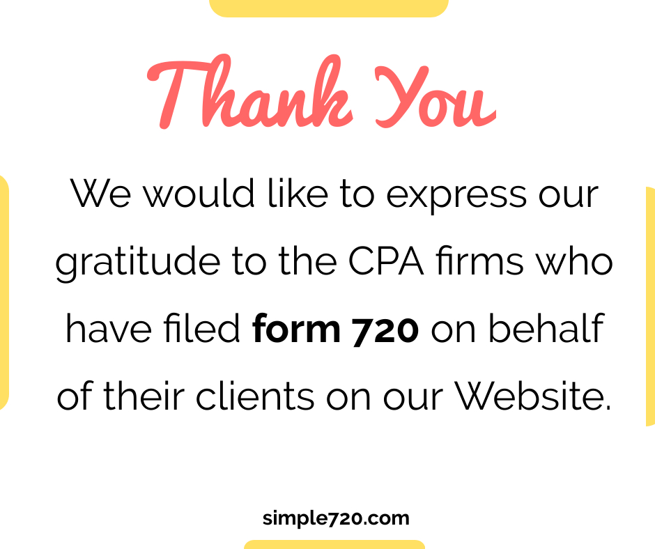 simple720tax's tweet image. We would like to express our gratitude to the CPA firms who have filed form 720 on behalf of their clients on our Website.
#simple720 #form720 #IRS #efile #bulk #taxes #filing #IRStax #720 #efiling #tax