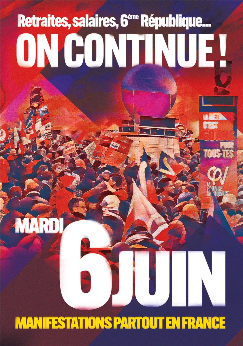🚫 Contre la retraite à 64 ans !

☑Pour la #6eRepublique 

✅ Pour la hausse des salaires et le blocage des prix !

On continue ! Mardi 6 juin : Manifestation partout en France !
 
#ReformeDesRetaites #manif6juin #FolloBackNUPES