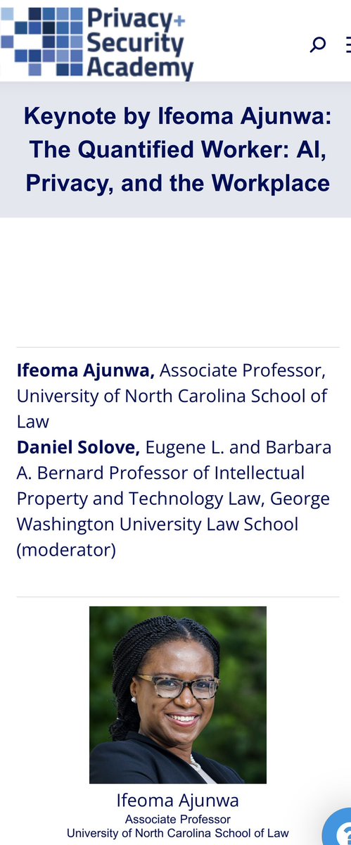 christinayiotis's tweet image. The #QuantifiedWorker: #AI, #Privacy &amp;amp; the #Workplace”  @unc_law Associate Professor @iajunwa Moderator @gwlaw Eugene L. &amp;amp; Barbara A. Bernard Professor of Intellectual Property &amp;amp; Technology Law @DanielSolove #Algorithms #TrainingData #AlgorithmicBias @privsecacademy #FalseBinary