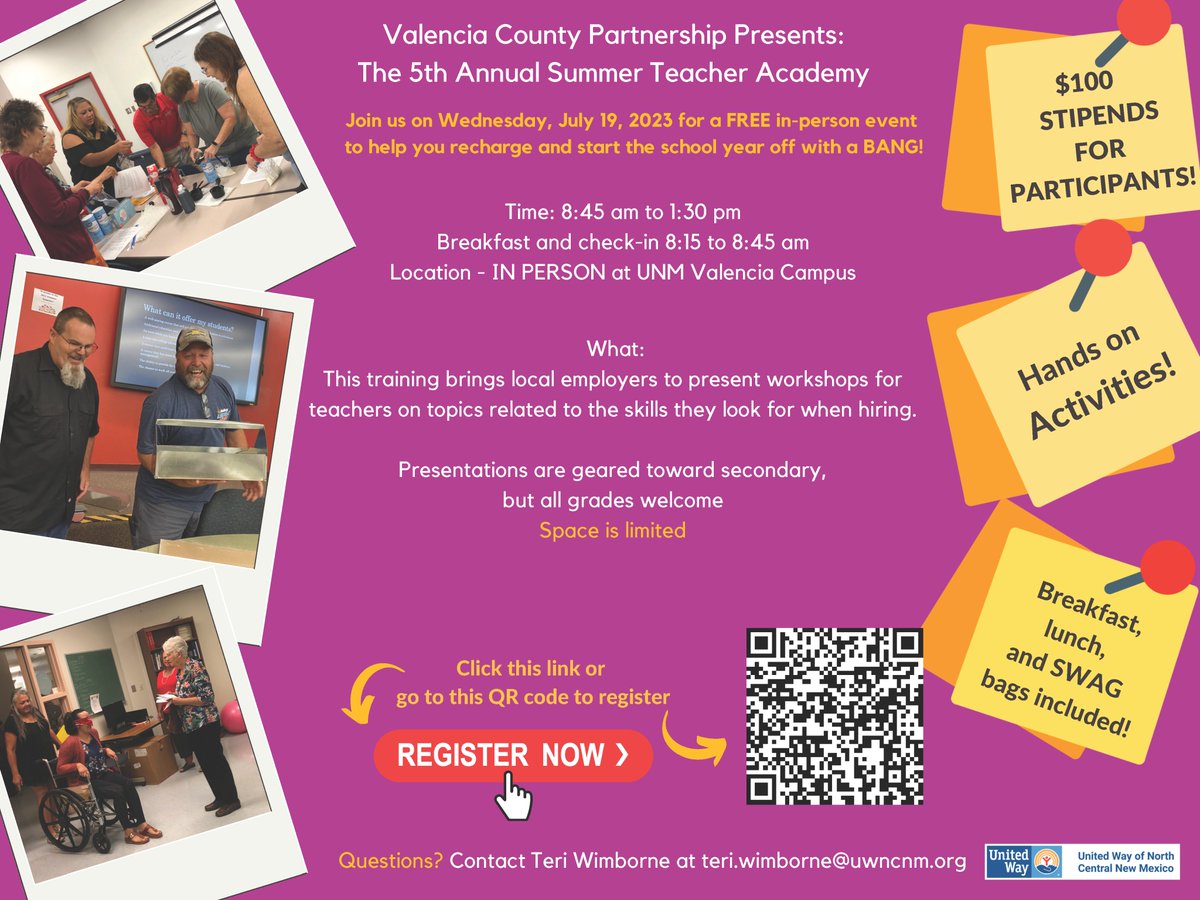 LiveLosLunas (@liveloslunas) on Twitter photo Teachers It's back again.... 2023 Summer Teacher Academy is Wednesday, July 19, 2023 8:45am-1:30pm at UNM-Valencia Campus, 280 La Entrada Rd, Los Lunas, NM 87031.
#Teachers, REGISTER NOW to secure your spot!
✨ surveymonkey.com/r/VCSTA
Questions: teri.wimborne@uwncnm.org Teachers It's back again.... 2023 Summer Teacher Academy is Wednesday, July 19, 2023 8:45am-1:30pm at UNM-Valencia Campus, 280 La Entrada Rd, Los Lunas, NM 87031.
#Teachers, REGISTER NOW to secure your spot!
✨ surveymonkey.com/r/VCSTA
Questions: teri.wimborne@uwncnm.org