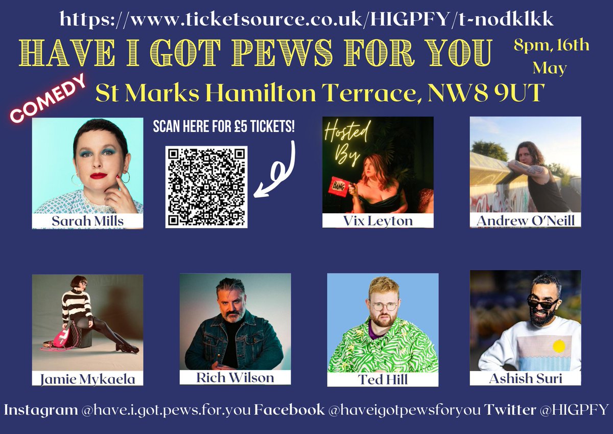 Don't forget to book your tickets for Tuesday 16th May.  Comedy in a church ... in a tent!
ticketsource.co.uk/HIGPFY/t-nodkl…