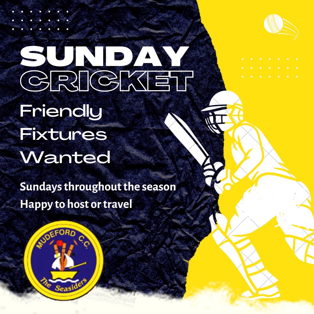 We have a new Sunday team looking for friendlies for this season, we’re happy to host or travel.
Contact us if you’re interested in arranging a fixture 🏏
 #cricket #cricketclub 
#cricketlovers #crickettraining #local #localcricket #mudeford #UpTheMuddies
#Seasiders