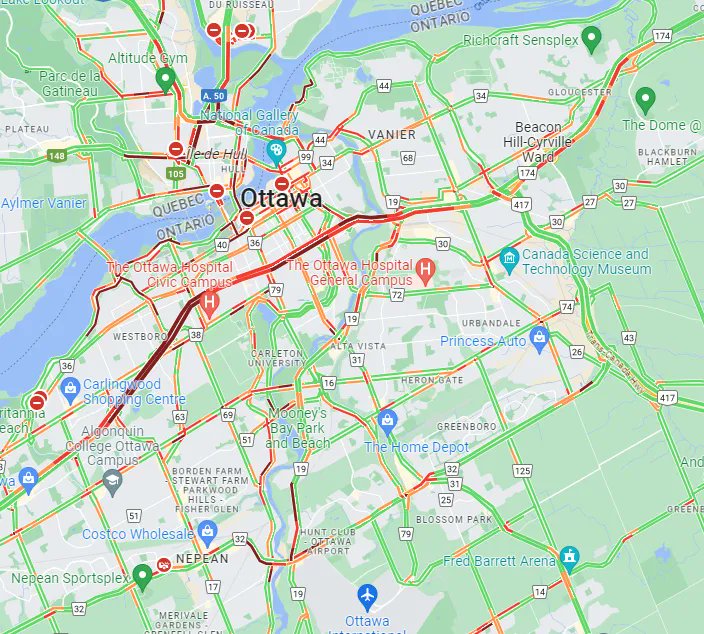 OttTransitRider's tweet image. This was a Google image of #otttraffic at 4 15 pm yesterday nothing moving. Need better transit to avoid #ClubRed