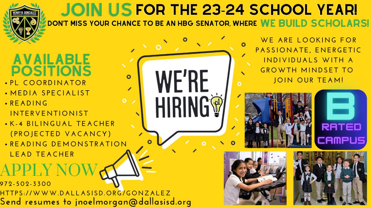 HBGonzalezPLA's tweet photo. Come join our spectacular team of educators dedicated to getting the best out of our scholars! We are looking for passionate &amp; motivated individuals who will impact in the lives of our scholars and community! @dallasschools @PersonalizeDISD @Principal_JP  @MariaRossAP https://t.co/gjJIDKEbwK