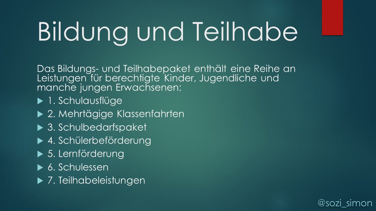 sozi_simon's tweet photo. Bildungs- und Teilhabeleistungen
für #IchbinArmutsbetroffen|e Kinder

Kinder die in finanziell (nicht sozial) schwachen Verhältnissen aufwachsen, sind durch die Gesellschaft sozial benachteiligt.
Das Bildungs-/Teilhabepaket soll die Auswirkungen der Finanzarmut abschwächen.

1/20 https://t.co/0txYVLIY7b