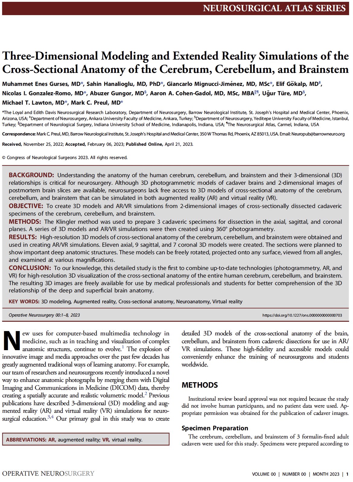 3D Modeling and Extended Reality Simulations of the Cross-sectional Anatomy  of the Cerebrum, Cerebellum, and Brainstem