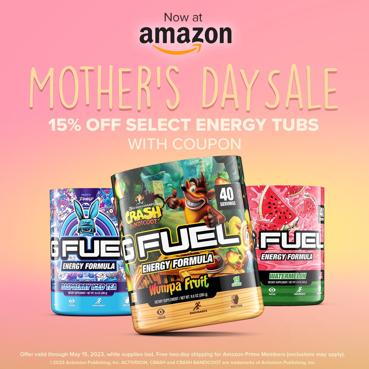 GFuelEnergy's tweet image. 💕 𝗟𝗜𝗞𝗘 + 𝗥𝗧 + 𝗖𝗢𝗠𝗠𝗘𝗡𝗧 &quot;💐&quot; to win a TUB OF YOUR CHOICE! 2 winners picked this weekend in honor of our AMAZON-EXCLUSIVE #GFUEL #MothersDay SALE!

✅ 15% Off Coupon on Select Flavors!
✅ 2 Day Prime Shipping!
✅ Ends May 15th!

🛍️ 𝗦𝗛𝗢𝗣: GFUEL.ly/amazon