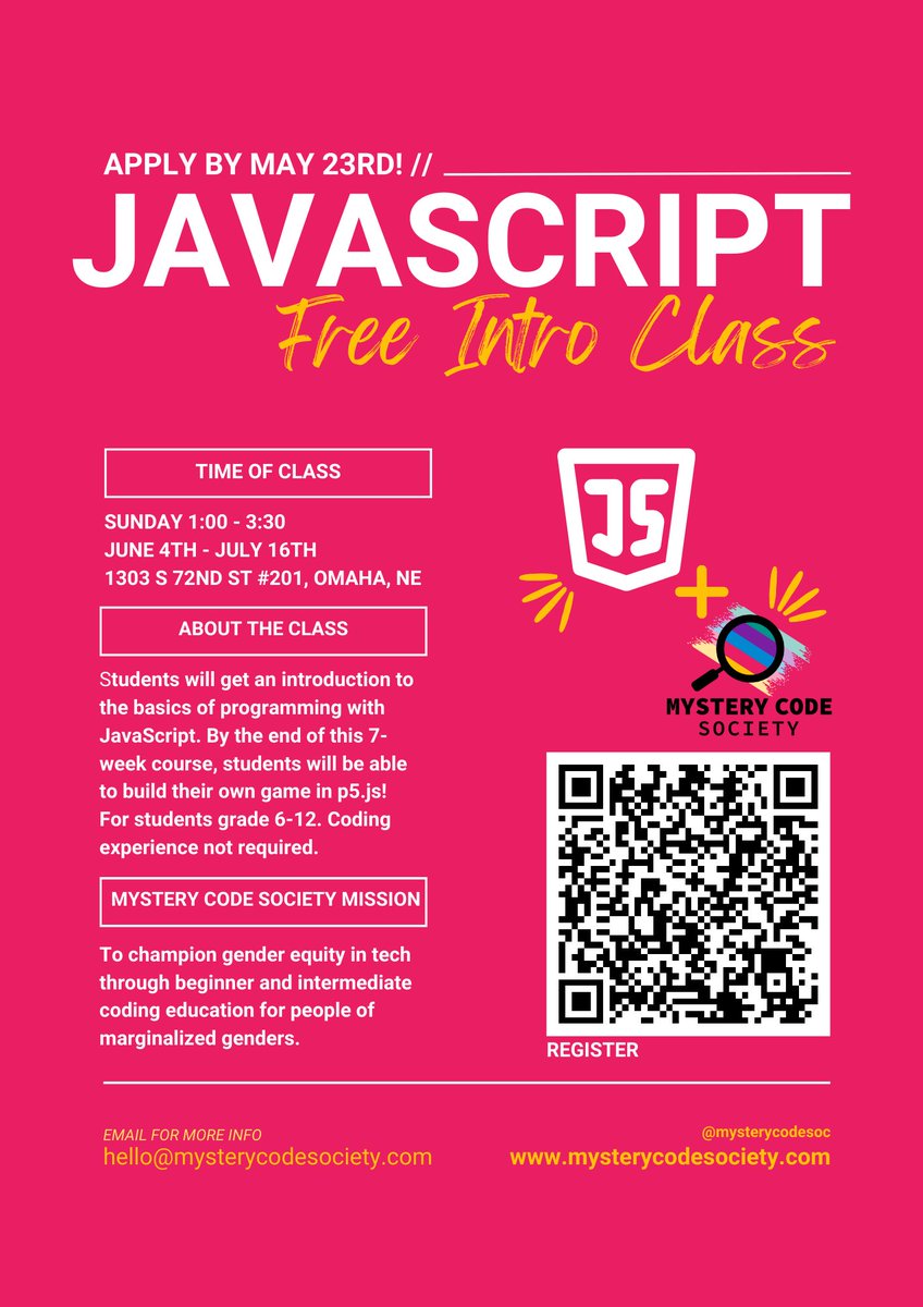 unocist's tweet image. 📢 Calling all Middle & High School students interested in coding! Join us for a FREE Intro to JavaScript code camp this Summer! 🌟 📅 June 4th - July 16th (7 weeks) ⏰ 1:00 PM - 3:30 PM 📍 Omaha, NE #CodeCamp #IntroToJavaScript #TechEducation #YouthEmpowerment