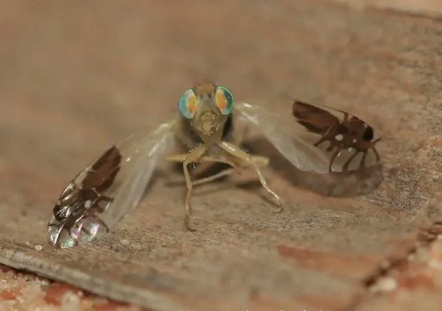 Goniurellia tridens is a species of fruit flies. 

Each wing  is transparent and bears a precisely detailed image of an ant-like insect. While flying, the ants appear to walk and deter predators.

[source: buff.ly/3I4SPCx]
[📷 P. Roosenschoon]