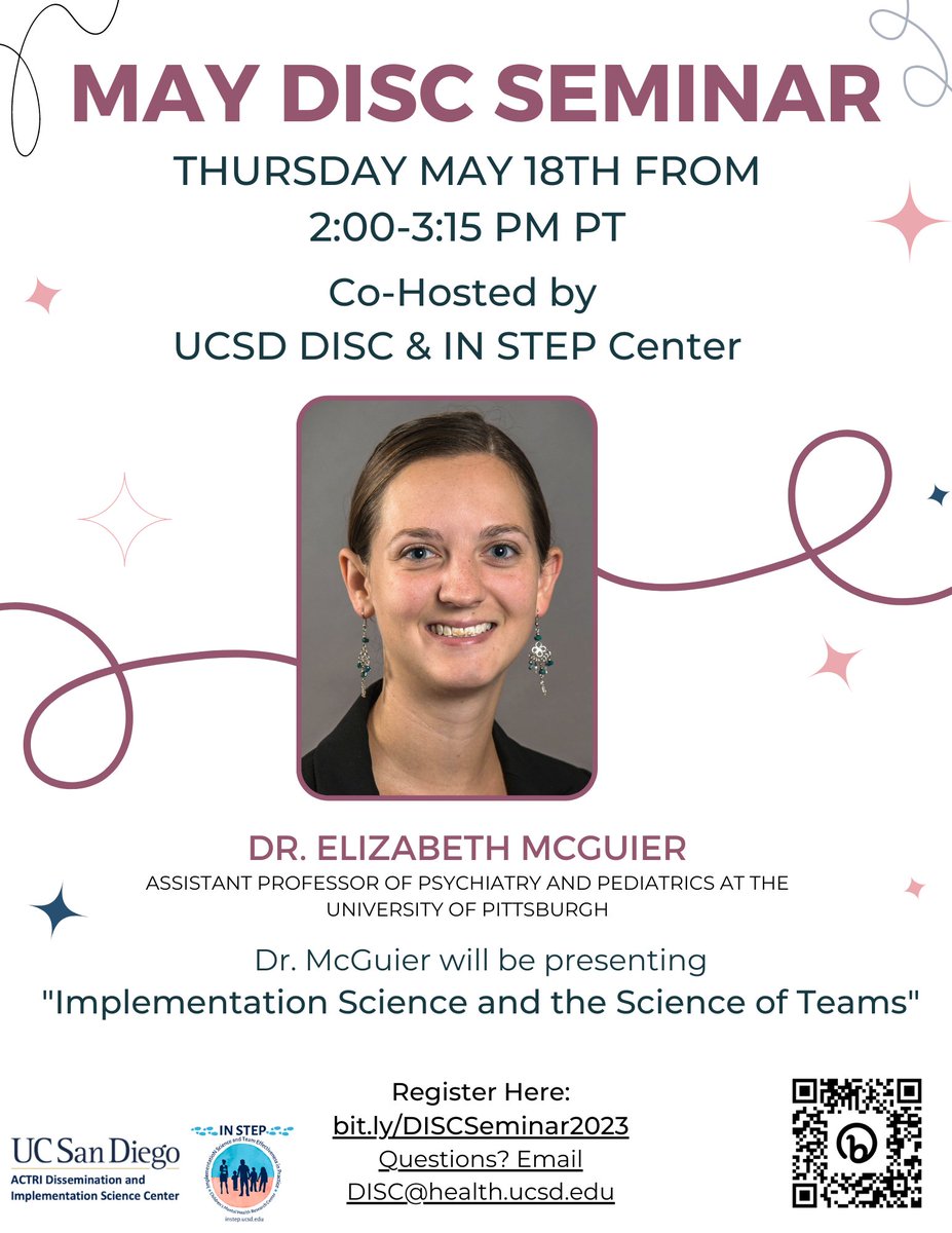 UC San Diego ACTRI D&I Science Center (@impsciucsd) on Twitter photo 📢Join us Thursday May 18th @ 2PM PT for our co-hosted May DISC Seminar with <a href="/UCSDALACRITY/">IN STEP Children's Mental Health Research Center</a>!
<a href="/EMcguier/">Elizabeth McGuier</a> will be presenting on #ImpSci and the science of teams!
👉Register here: bit.ly/DISCSeminar2023 📢Join us Thursday May 18th @ 2PM PT for our co-hosted May DISC Seminar with <a href="/UCSDALACRITY/">IN STEP Children's Mental Health Research Center</a>!
<a href="/EMcguier/">Elizabeth McGuier</a> will be presenting on #ImpSci and the science of teams!
👉Register here: bit.ly/DISCSeminar2023