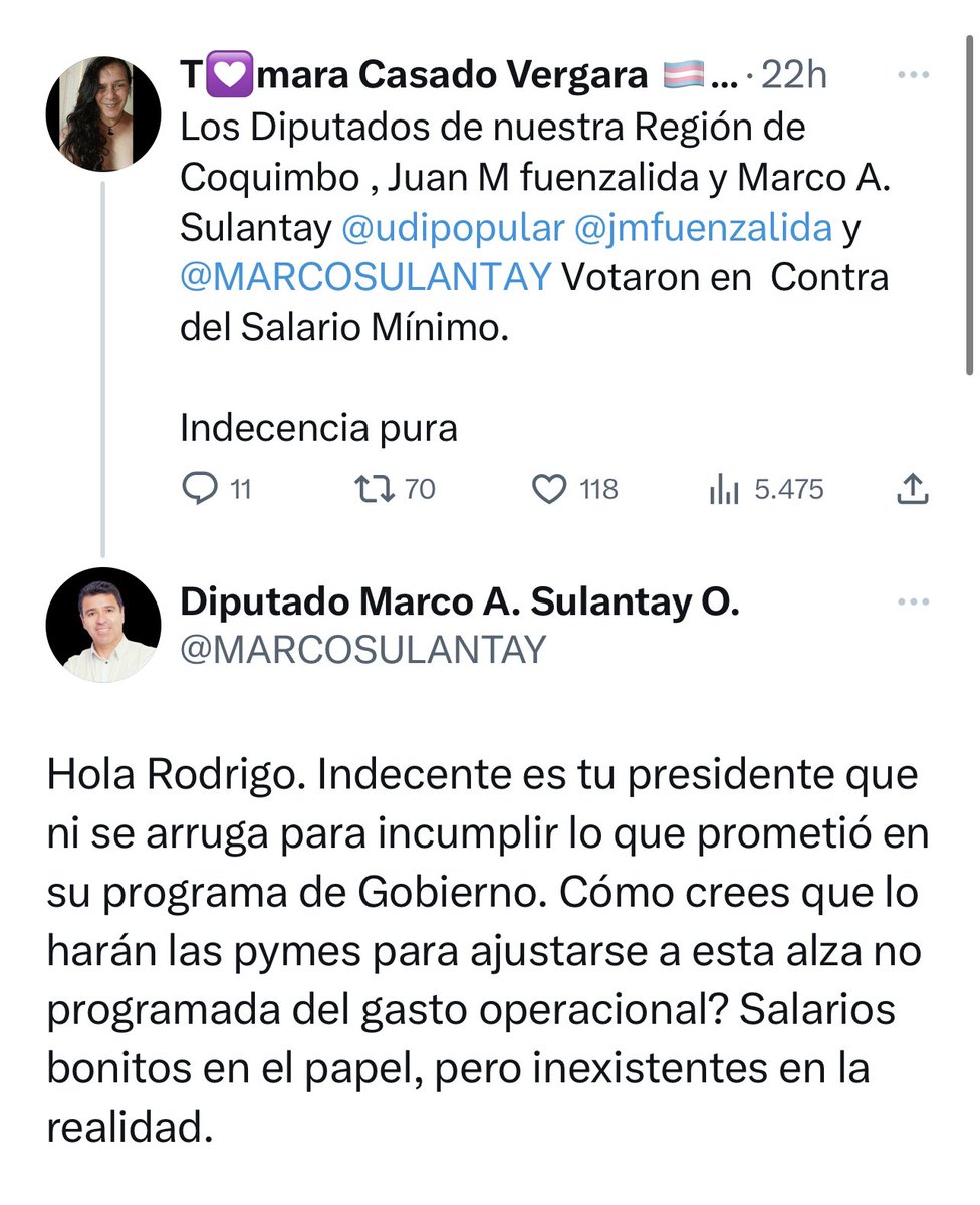 Mi solidaridad con <a href="/TamaraCasado_V/">Támara 💟 Casado V.🌻🐱🛜🐧🐆🏳️‍⚧️</a> que fue víctima del discurso de odio del diputado Marco Sulantay quien, al ser encarado por rechazar el aumemto del sueldo mínimo, vulnera ley 21.120 que reconoce y da protección al derecho a la identidad de género