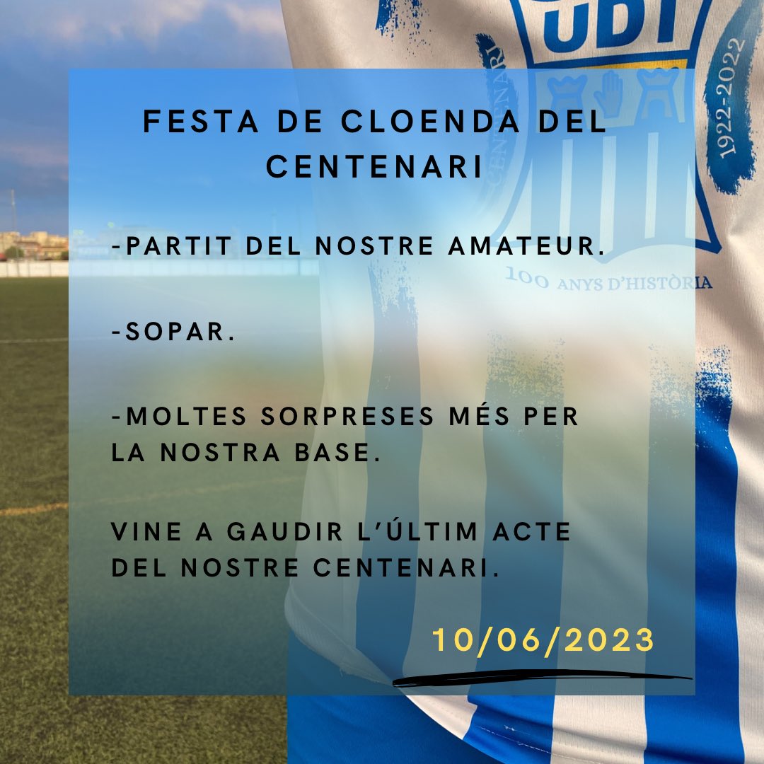 L'ÚLTIM VALS d'aquest centenari.

L'acte de cloenda del proper dia 10 de juny donarà punt i final a aquesta magnífica temporada del centenari de l'entitat 💯

T'hi esperem!🙌🏻

SOM UN CLUB, SOM LA TORRE!🔵⚪️
#torredembarra #SomCentenaris