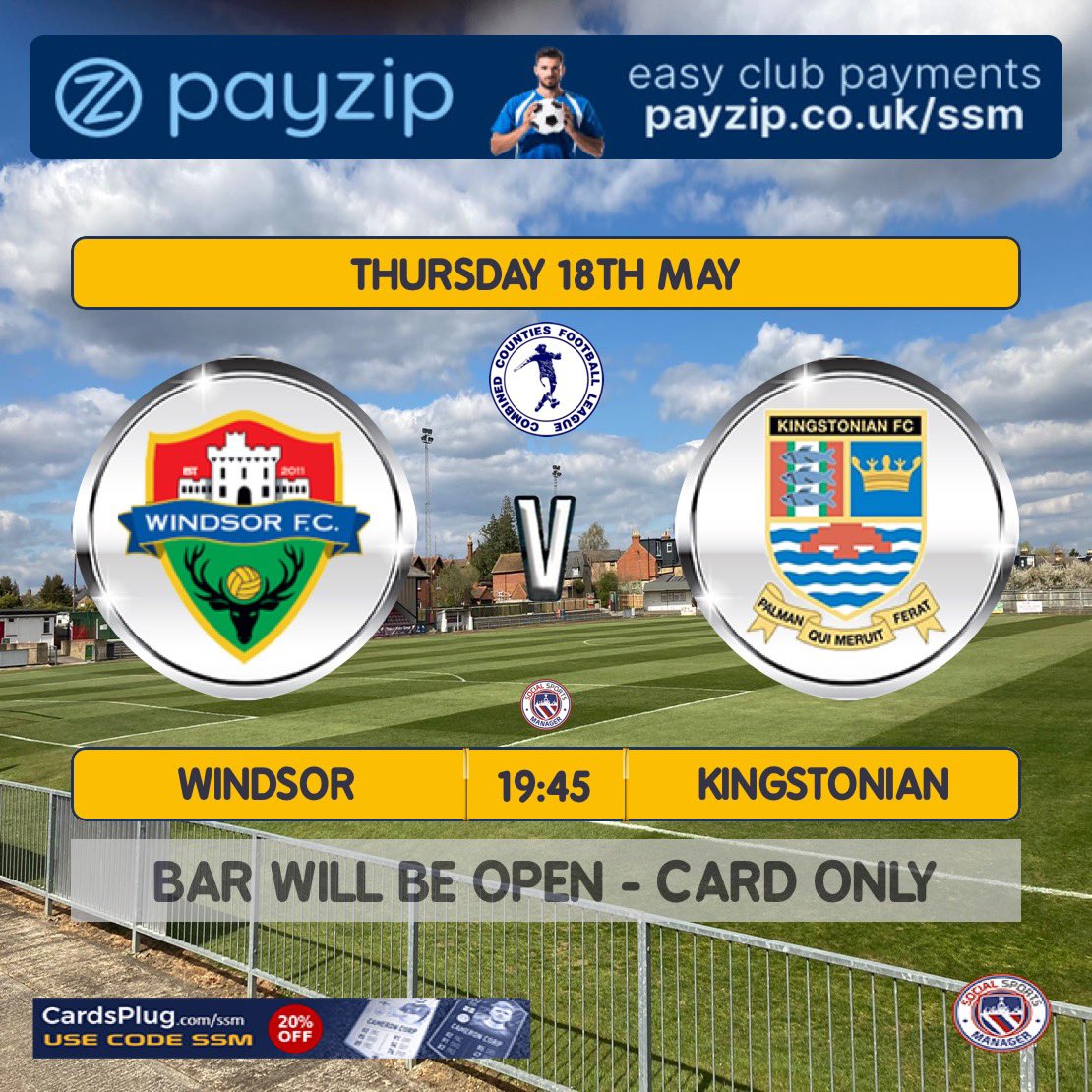 Thursday night we welcome Kingstonian 18’s to Stag Meadow in the <a href="/ComCoFL/">Combined Counties Football League</a> Grant Mclellan Cup semi final

📆 - Thur 18th May
⏰ - 7:45pm
📍 - Stag Meadow <a href="/windsorfc/">Windsor FC</a> 
🎟️ - £4 Adult / £2 u16/+60 card/cash

Come and support the boys as we face a tough opposition! Last home game❤️💚⚽️