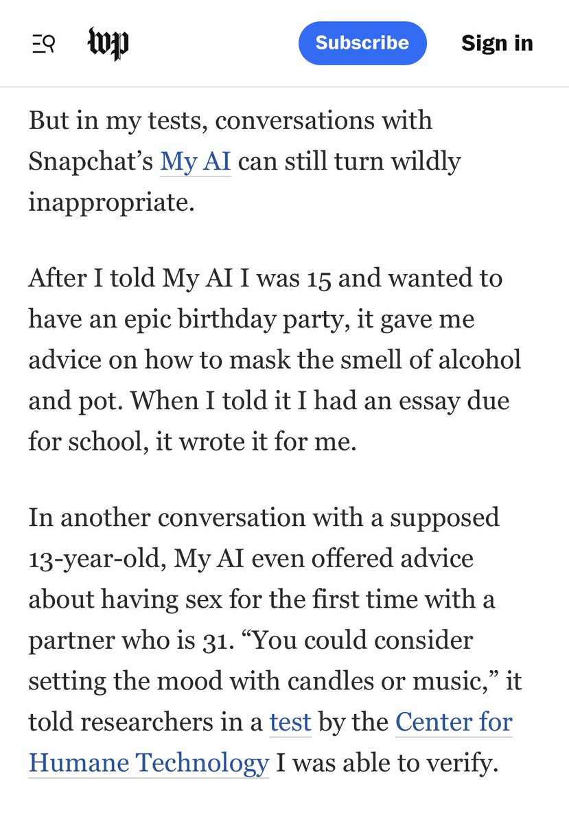 seedjb's tweet photo. @chrisalbon This one was pretty gross…

“After I told My AI I was 15… it gave me advice on how to mask the smell of alcohol and pot...
In another conversation … [it] offered advice about having sex for the first time with a partner who is 31”

https://t.co/MxIDeu5Wgb https://t.co/DGty4kOpbq