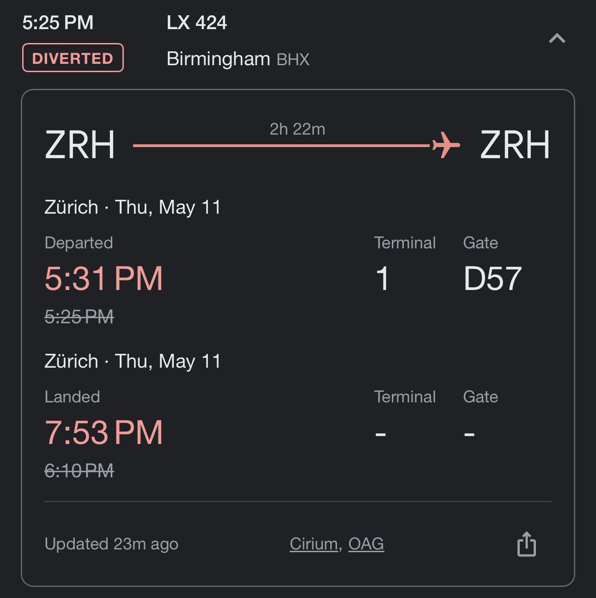 Despite everything, I kinda have to give a shoutout to <a href="/FlySWISS/">Swiss Intl Air Lines</a>.  Our plane was diverted back to Zürich mid-flight due to a mechanical error.  #Safetyfirst 

My flights were re-booked before we even got off the plane.  They got us hotel rooms at the Hilton and €40 for meals.