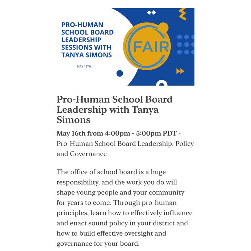 fairforall_org's tweet image. This coming Tuesday, join FAIR in Education for a #ProHuman School Board Leadership Session with Tanya Simons! 

Register FREE 👉 Eventbrite.com/e/pro-human-sc…