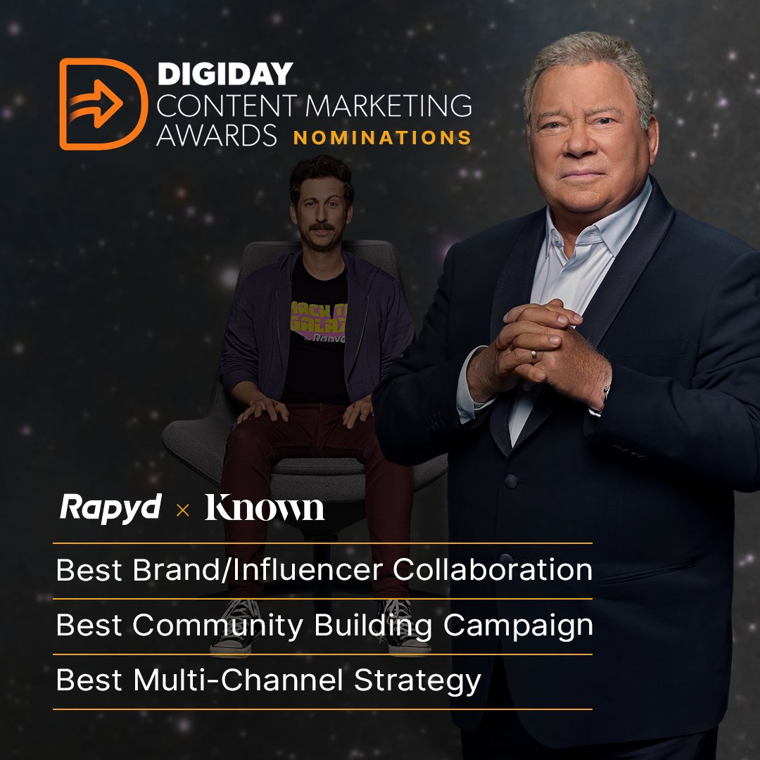 Knownis's tweet photo. Our campaign with @RapydGlobal called "Hack the Galaxy" has been nominated 3x for the @Digiday Content Marketing Awards. Congrats to the teams who worked on our out-of-this-world campaign! https://t.co/dZhYpc27LN