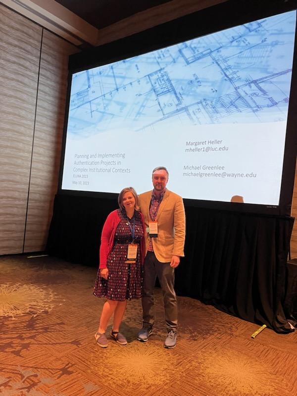 DALNETnews's tweet photo. DALNET systems librarian Michael Greenlee &amp; Margaret Heller, digital services librarian at Loyola University Chicago presented at #ELUNA2023 on "Planning &amp; Implementing Authentication Projects in Complex Institutional Contexts" https://t.co/kOAG1rQXjb